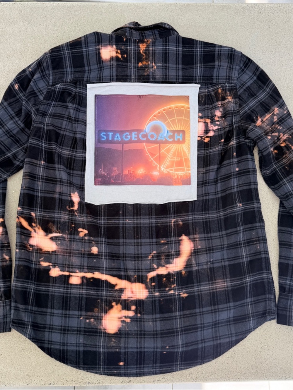 Stagecoach Patch Upcycled Black Plaid Bleached Flannel Shirt Medium RARE